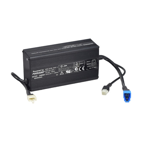 24 Volt 4 Amp On-Board Battery Charger for the Shoprider Sunrunner 3 Deluxe and Sunrunner 4 Deluxe, featuring a black electronic device with attached wires and a white plug, suitable for replacement use.