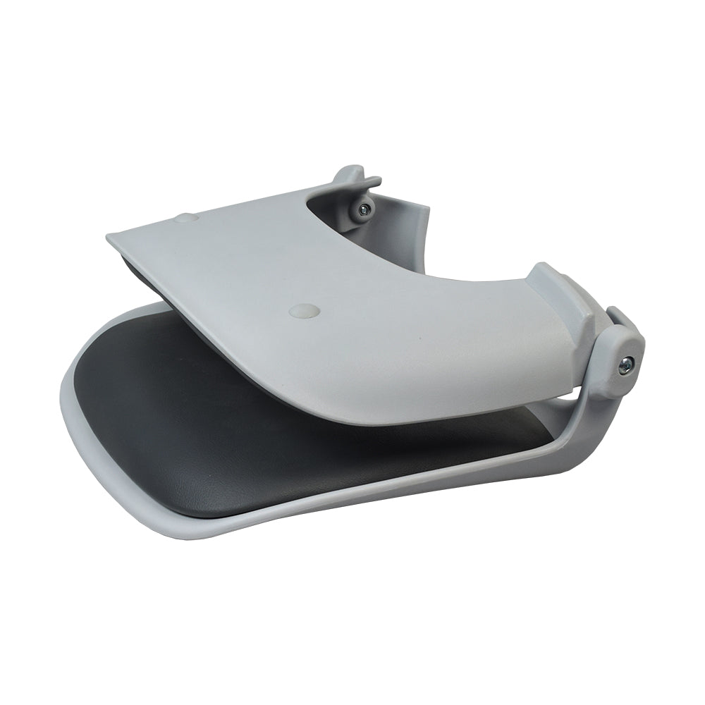 Seat Assembly for the Shoprider Scootie, Xtralite 3, and Xtralite 4 in light gray plastic with darker gray vinyl padding, showcasing a close-up of the seat's screw.