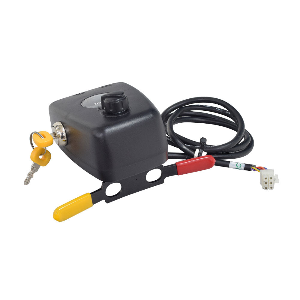 Console Control Box with Key Cylinder for Shoprider Cooper and Hero Scooters, featuring a key, cable, yellow handle, speed potentiometer, battery gauge, throttle lever, and horn button in a modular assembly.