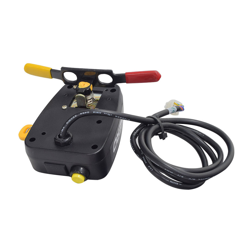 Console Control Box with Key Cylinder for the Shoprider Cooper and Hero Scooters, featuring yellow handles, a cable, yellow knobs, and red buttons, designed for easy control and operation.