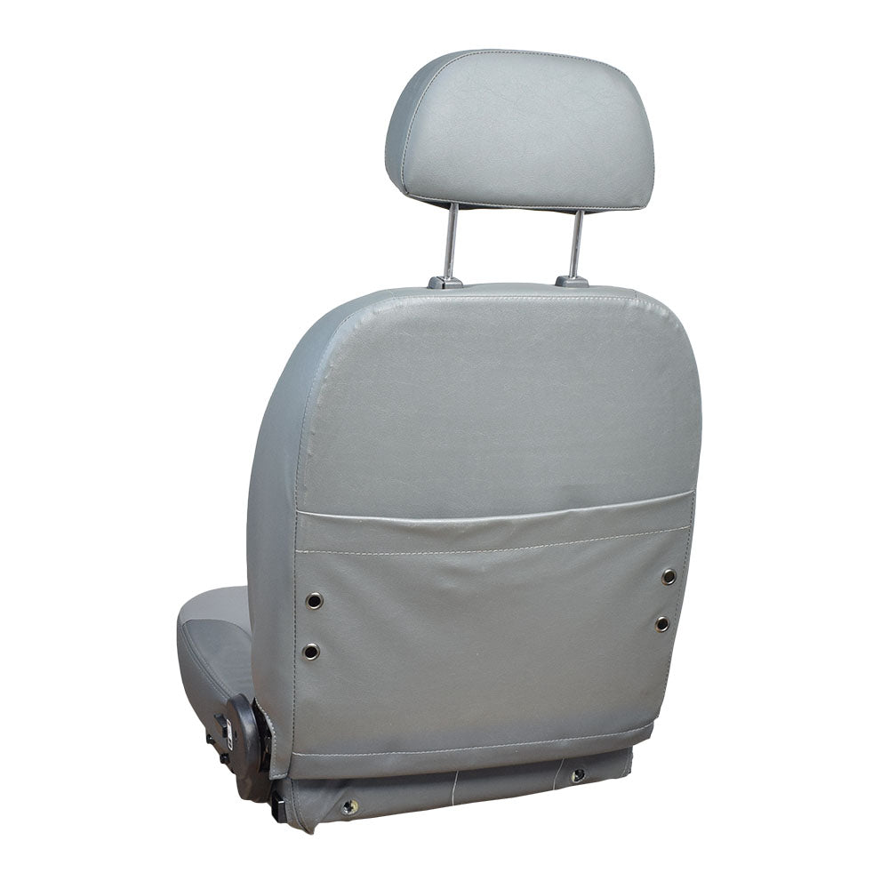 Seat Assembly for the Shoprider 6Runner 14, featuring a grey vinyl upholstered seat with headrest, hinges, and seat plate, but excludes armrests.