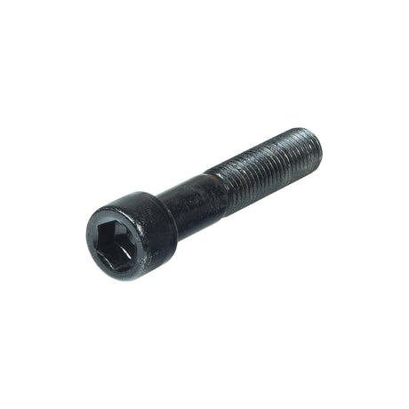 Front Axle Bolt for Shoprider 6Runner 14, a black screw with a hexagon head, essential for securing the front axle beam to the power chair's frame, supporting the weight of the axle beam, forks, and casters.