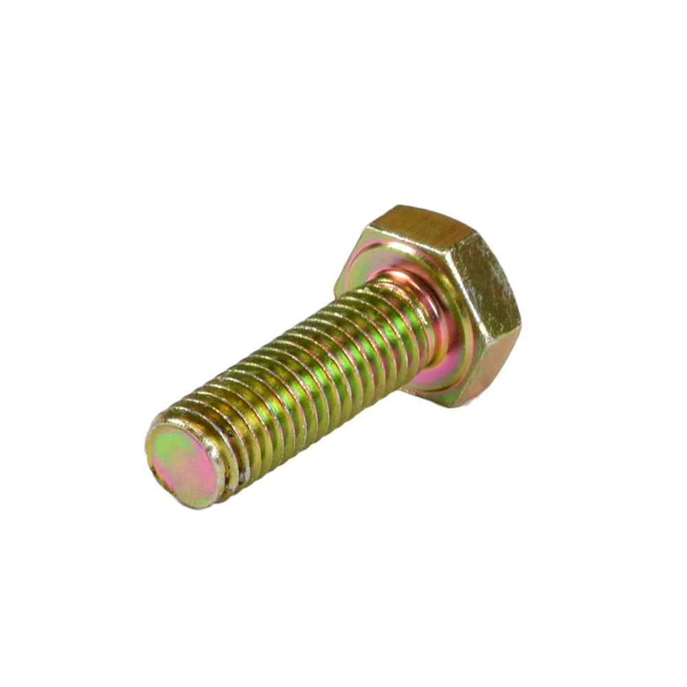 M8-1.25x25 mm Hex Head Machine Bolt with attached nut, showcasing a close-up of the metal fastener. Ideal for completing your project with reliable household hardware.