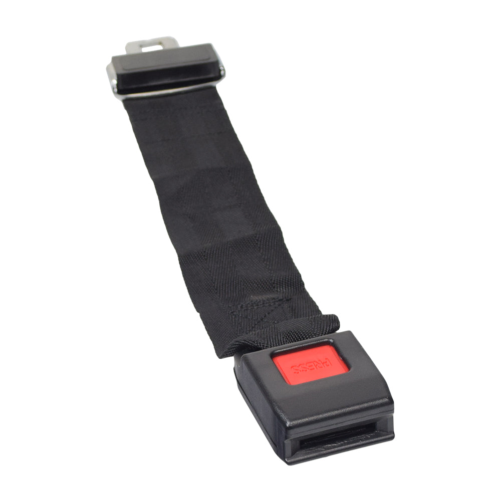 12 Seat Belt Extension for Mobility Scooters & Power Chairs, featuring a car style black strap with a prominent red push-button buckle, designed for universal compatibility with most mobility vehicles.