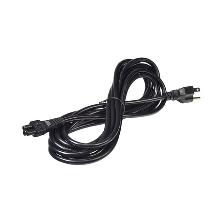 Battery Charger Power Cord with IEC C5 Connector for Mobility Scooters & Power Chairs, featuring a black cable with a distinctive cloverleaf coupler plug, designed for various battery charger types.