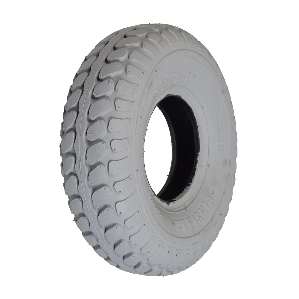 4.00-5 (13x4, 330x100) Pneumatic Rear Tire for the Shoprider Sprinter XL4 Deluxe (889B-4XLS) with a hole in the center, showcasing non-marking gray rubber and IA-2889 multi-purpose tread.