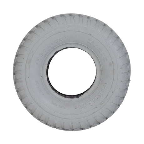 4.00-5 (13x4, 330x100) Pneumatic Rear Tire for Shoprider Sprinter XL4 Deluxe, featuring a white, circular design with a central hole and non-marking gray rubber, shown in close-up.