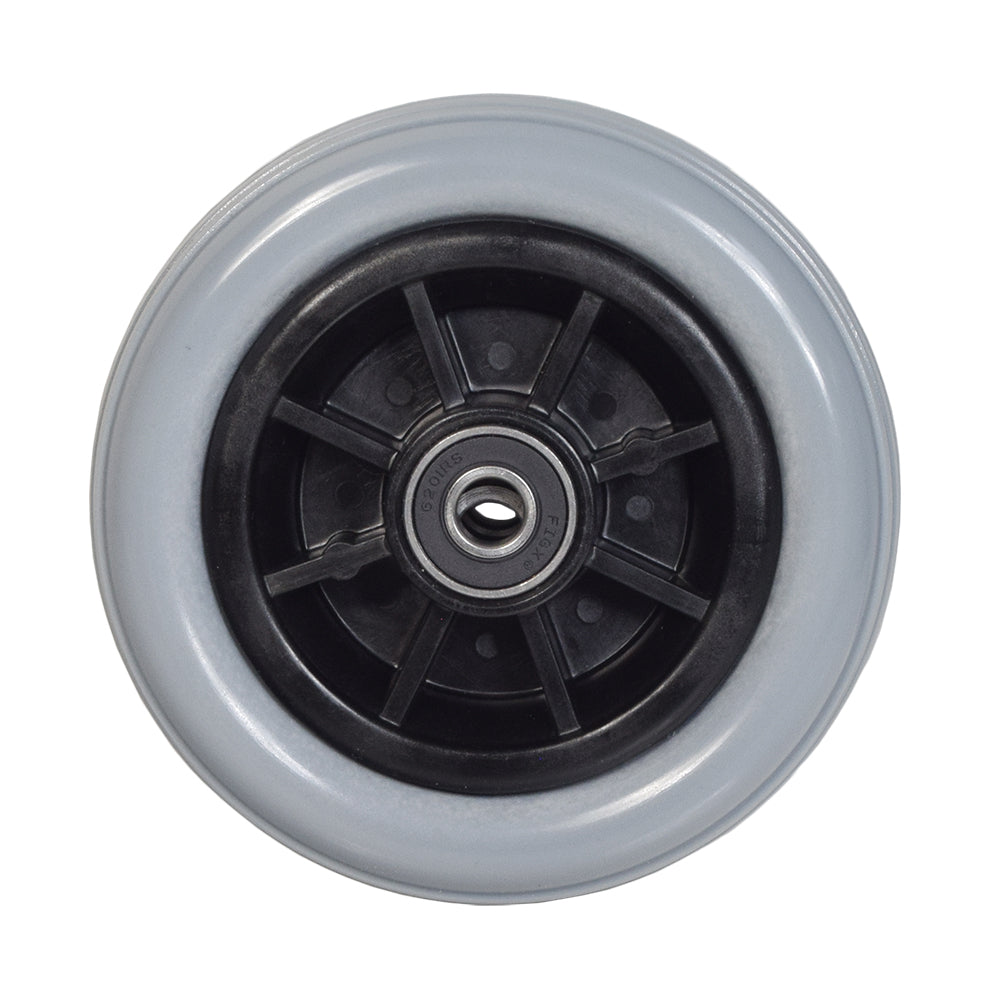 6x2 Dark Gray Caster Wheel for Shoprider Power Chairs, featuring a black rim and solid tire, close-up view.