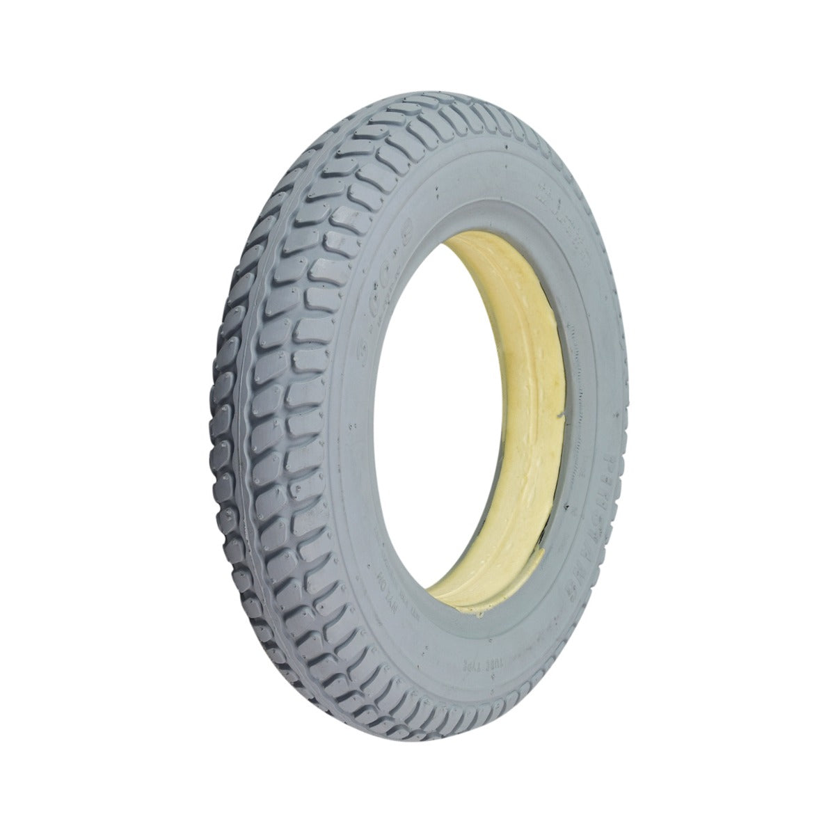 14 Gray Flat-Free Tire for the Shoprider 6Runner 14, showcasing a durable foam-filled design with a distinctive yellow center, perfect for ensuring worry-free performance on mobility scooters.