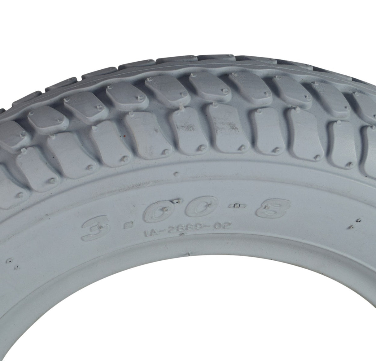 Close-up of the 14 Gray Flat-Free Tire for the Shoprider 6Runner 14, highlighting its tread pattern and synthetic rubber texture.