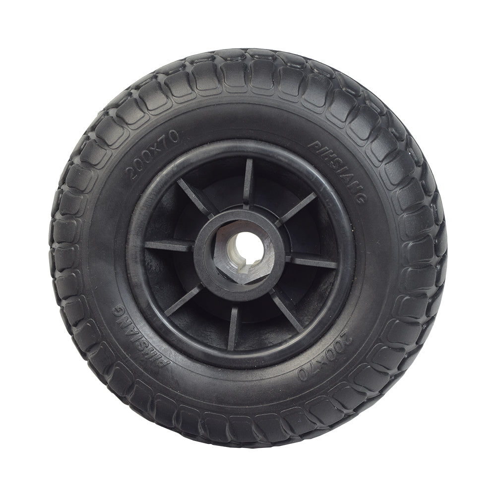 8 (200x70) Rear Wheel Assembly with Black Tire for Shoprider mobility scooters, featuring a solid, flat-free design with a central nut and visible tread pattern for durable, maintenance-free use.