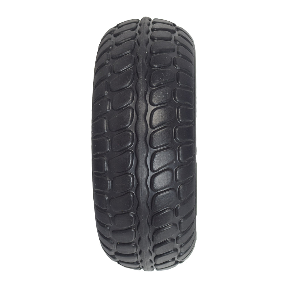 8 (200x70) Rear Wheel Assembly with Black Tire for Shoprider Dasher 3, 4, 9, Echo, Featherlite, Scootie Jr, Smartie, Start, and Start 8, showcasing a patterned, flat-free, non-pneumatic solid tire.