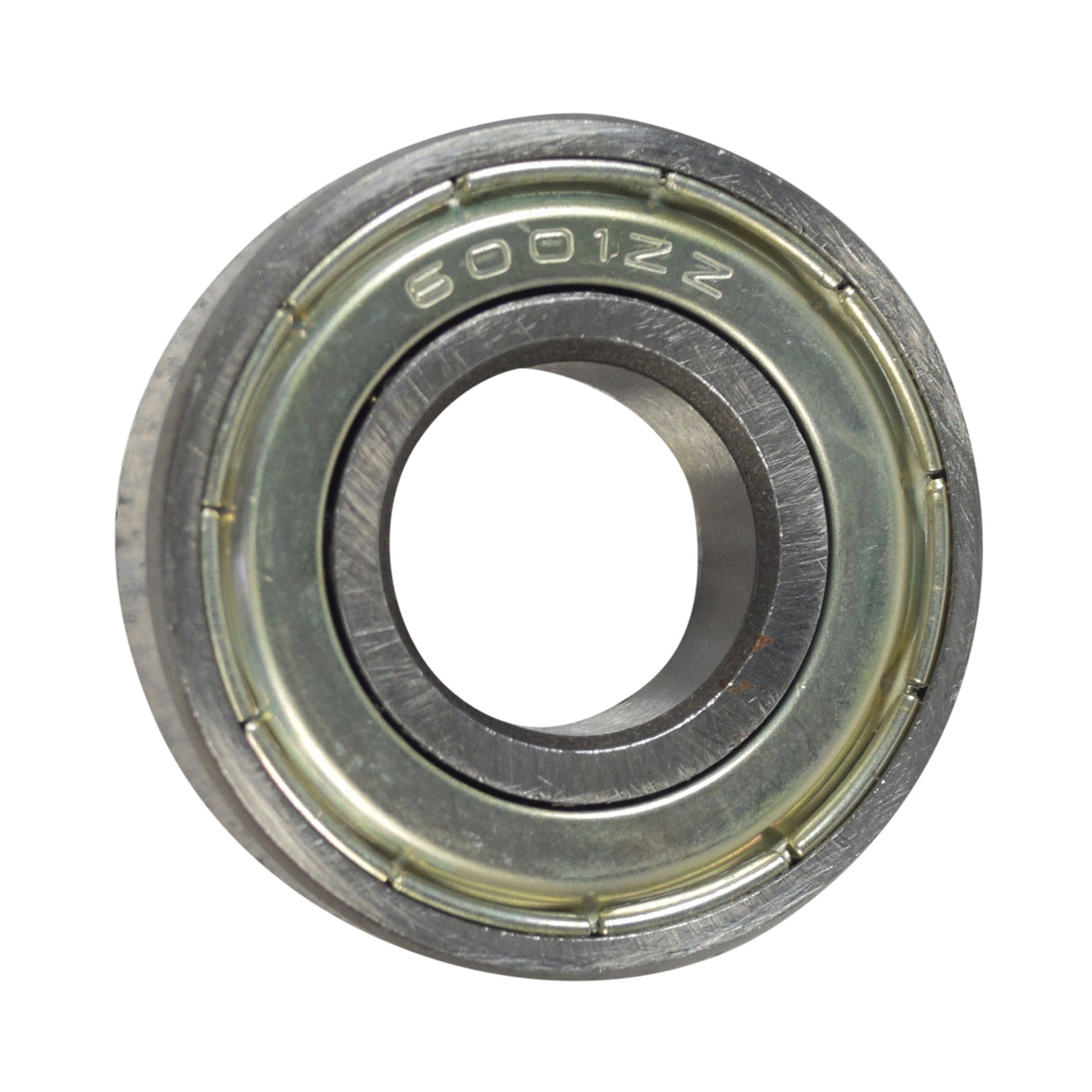 Close-up of 6001ZZ shielded scooter wheel bearings set of 2, featuring metal rings etched with 6001ZZ, commonly used for 250W and 350W electric scooters and gas skateboards.