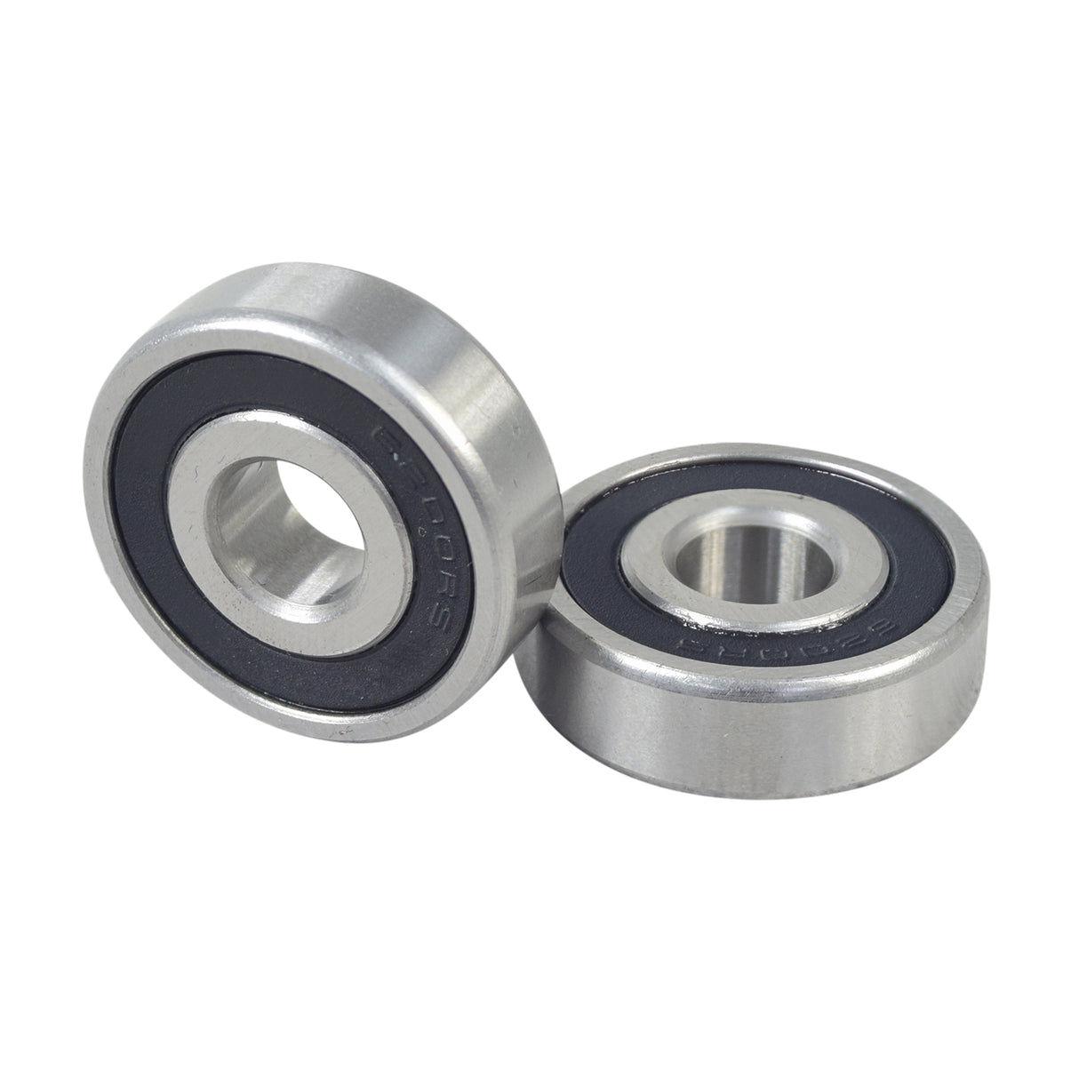 Close-up of 6200RS (6200ZZ / 6200Z Upgrade) Sealed Wheel Bearings (Set of 2), showing chrome steel construction with rubber seals, suitable for gas and electric scooters.