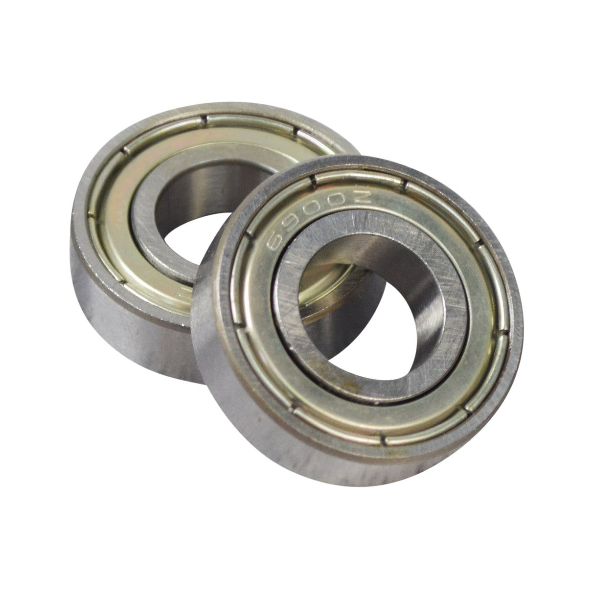 6900ZZ (6900Z) Shielded Scooter Wheel Bearings (Set of 2), close-up of two metal bearings with circular design, made from carbon steel, featuring protective metal shields for dust protection and self-lubrication.