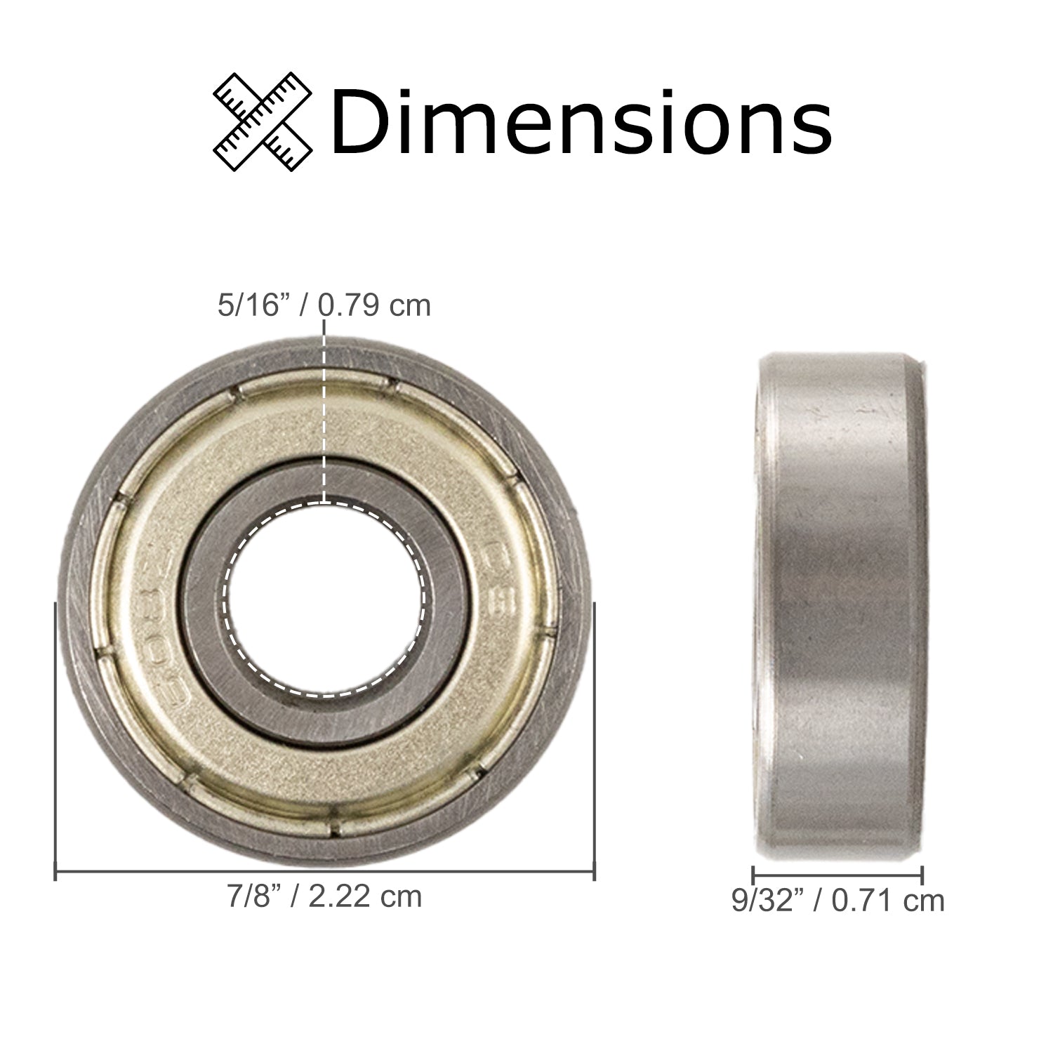 608ZZ (608Z) ABEC-5 Shielded Wheel Bearings for Mobility Scooters and Power Chairs (Set of 2), showing a close-up diagram of the metal bearing with protective shields and circular design.