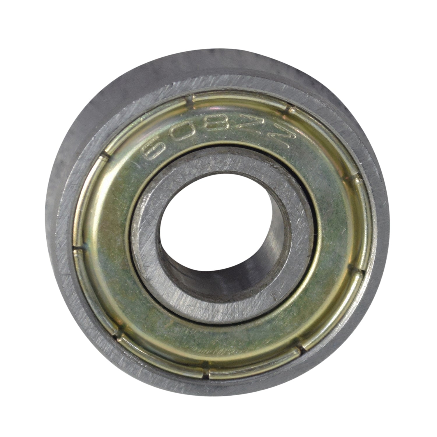 608ZZ (608Z) ABEC-5 Shielded Scooter Wheel Bearings (Set of 2), close-up view showing metal shields and circular design, essential for scooters, skateboards, and roller skates.