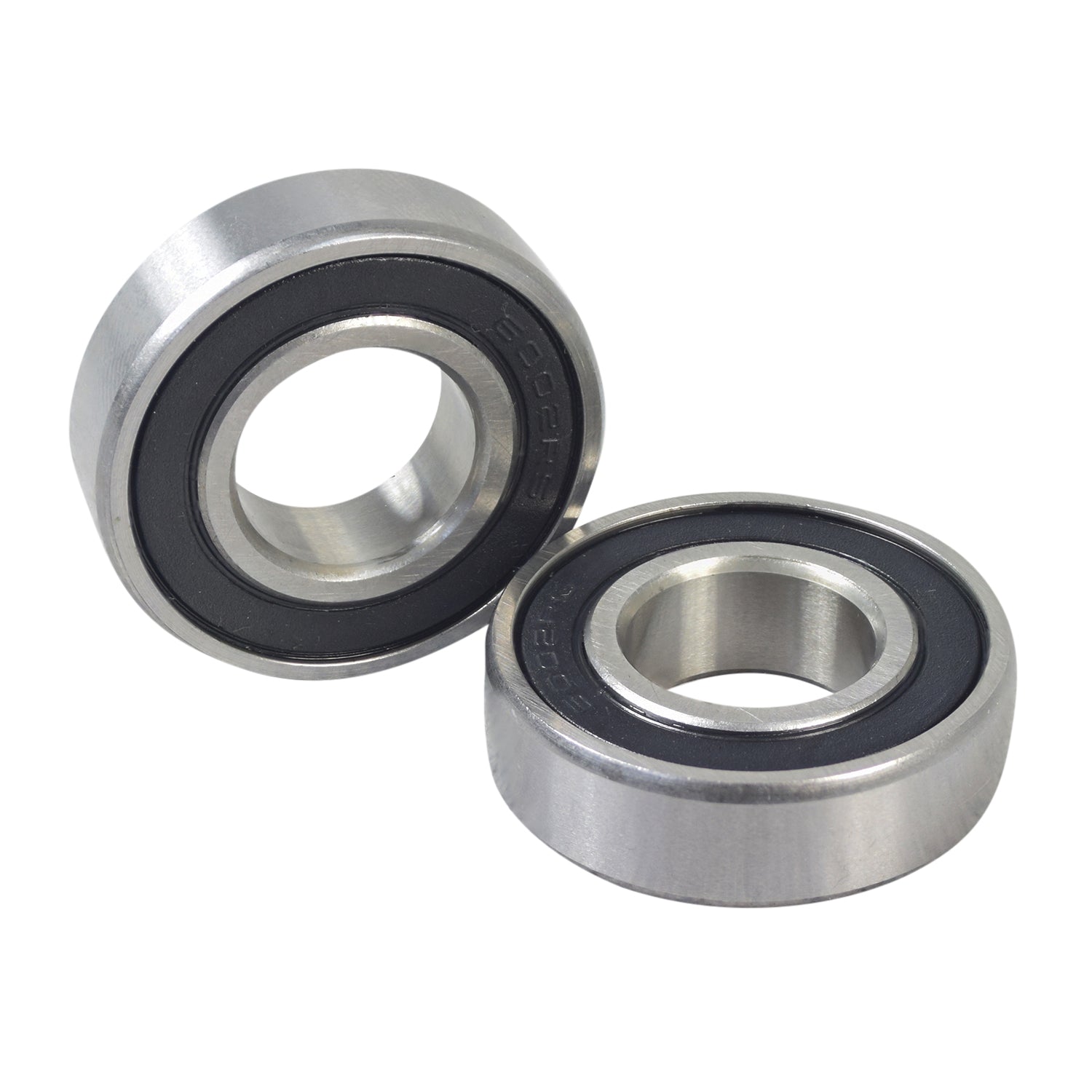 6002-2RS (6002RS) Sealed Wheel Bearings for Swagtron SwagCycle Electric Bikes (Set of 2) – close-up of two metal bearings with high-temperature plastic seals on both sides.