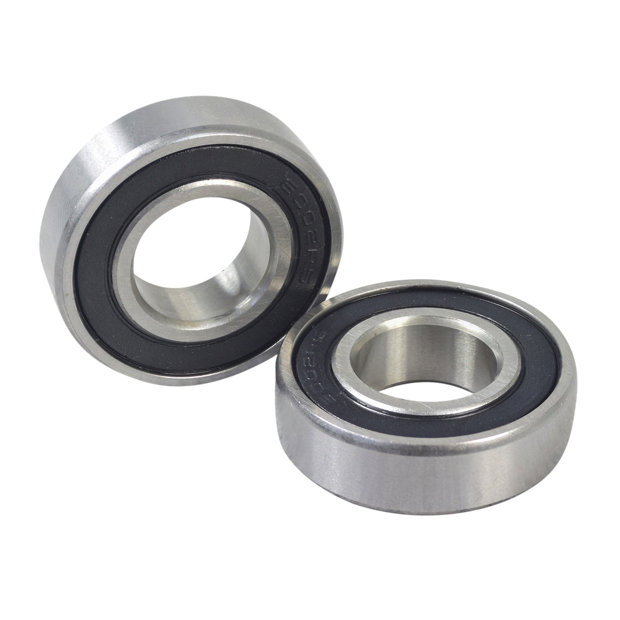 6002-2RS Fork Bearing for Jazzy and Quantum Power Chairs (Set of 2) showing two metal bearings with visible inner ball bearings and high-temperature plastic seals on both sides.