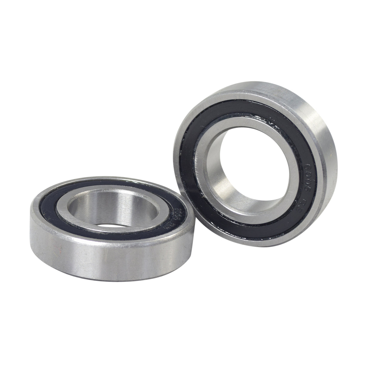 Close-up of 6005-2RS (6005RS) Sealed Scooter & ATV Bearings (Set of 2), showcasing the metal, double-sealed ball bearing design, suitable for various engine components.