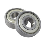 6201ZZ (6201Z) Shielded Go-Kart Bearings (Set of 2) shown in close-up, highlighting their circular, metal design and smooth, deep groove ball structure, suitable for wheels, transmissions, and other engine components.