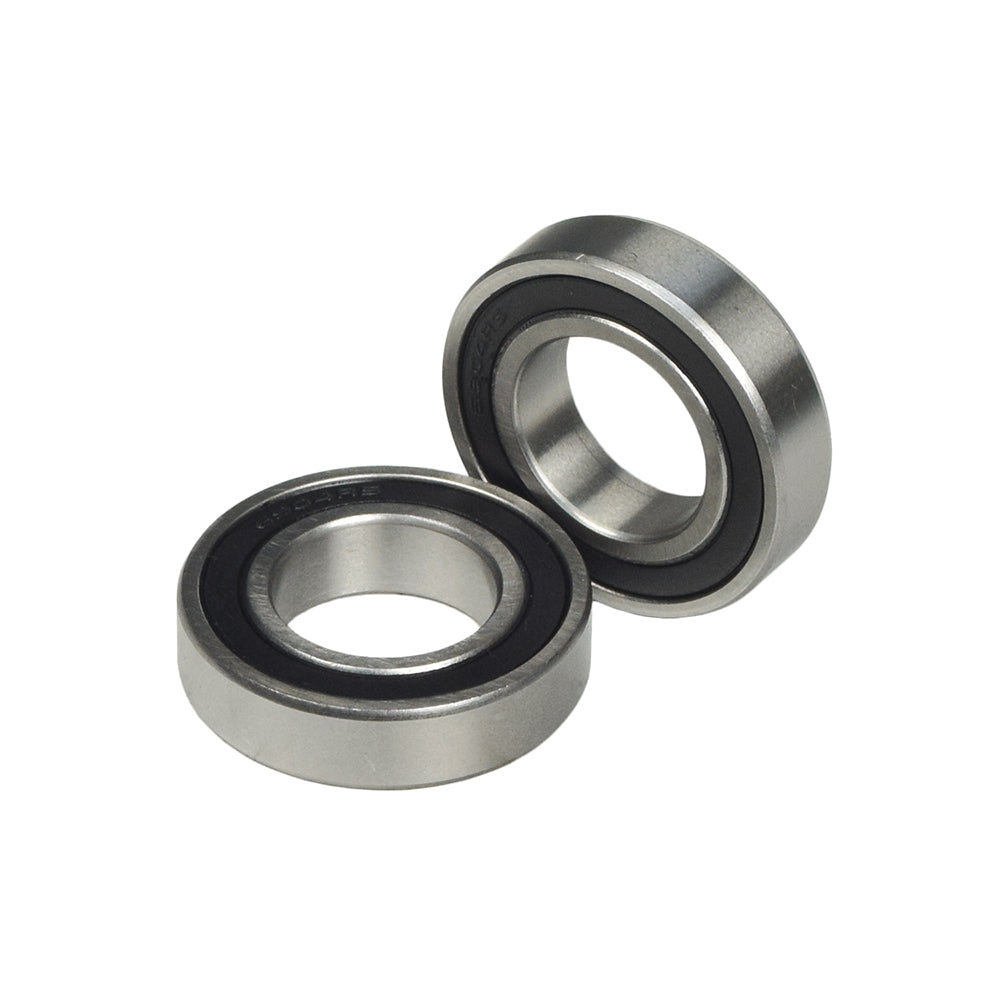 6904-2RS (6904RS) sealed scooter wheel bearings (set of 2), featuring close-up views of the metal bearings with rubber seals designed to protect against dust and contamination, pre-lubricated with grease.