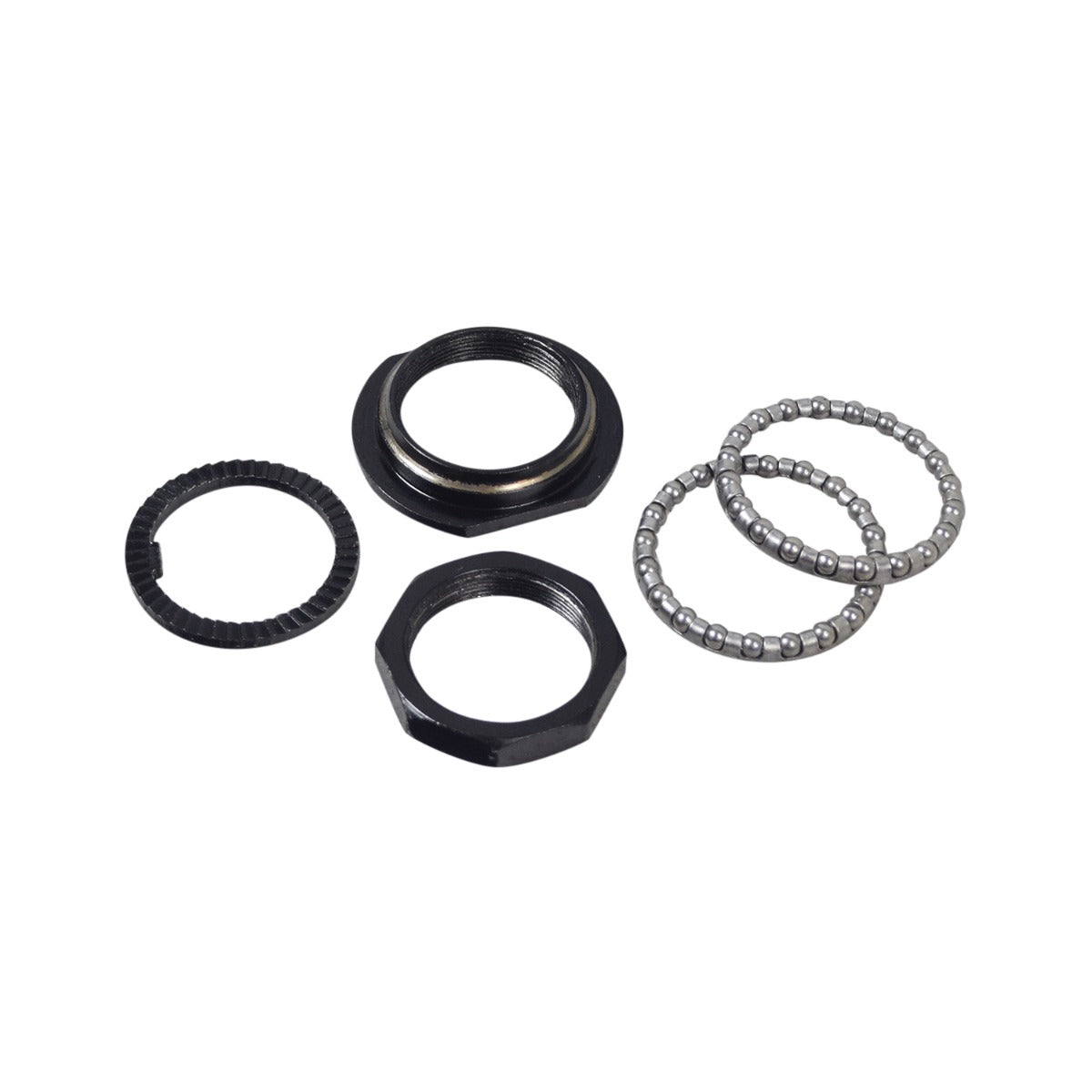 Headset Fork Bearing Kit for Ninebot ZING E10 eKickScooter featuring a close-up of black metal nuts, rings, and balls, essential for smooth steering and pivoting.