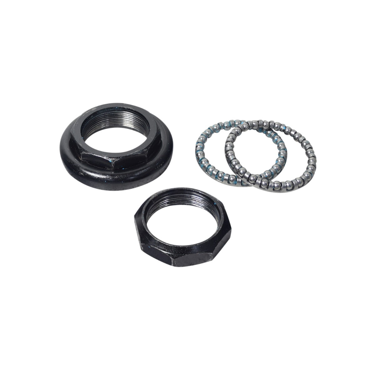 Headset Fork Bearing Kit for the Hover-1 Comet Electric Scooter, showing four black and silver metal pieces: two ring bearings and two nuts, essential for smooth handlebar and fork pivoting.