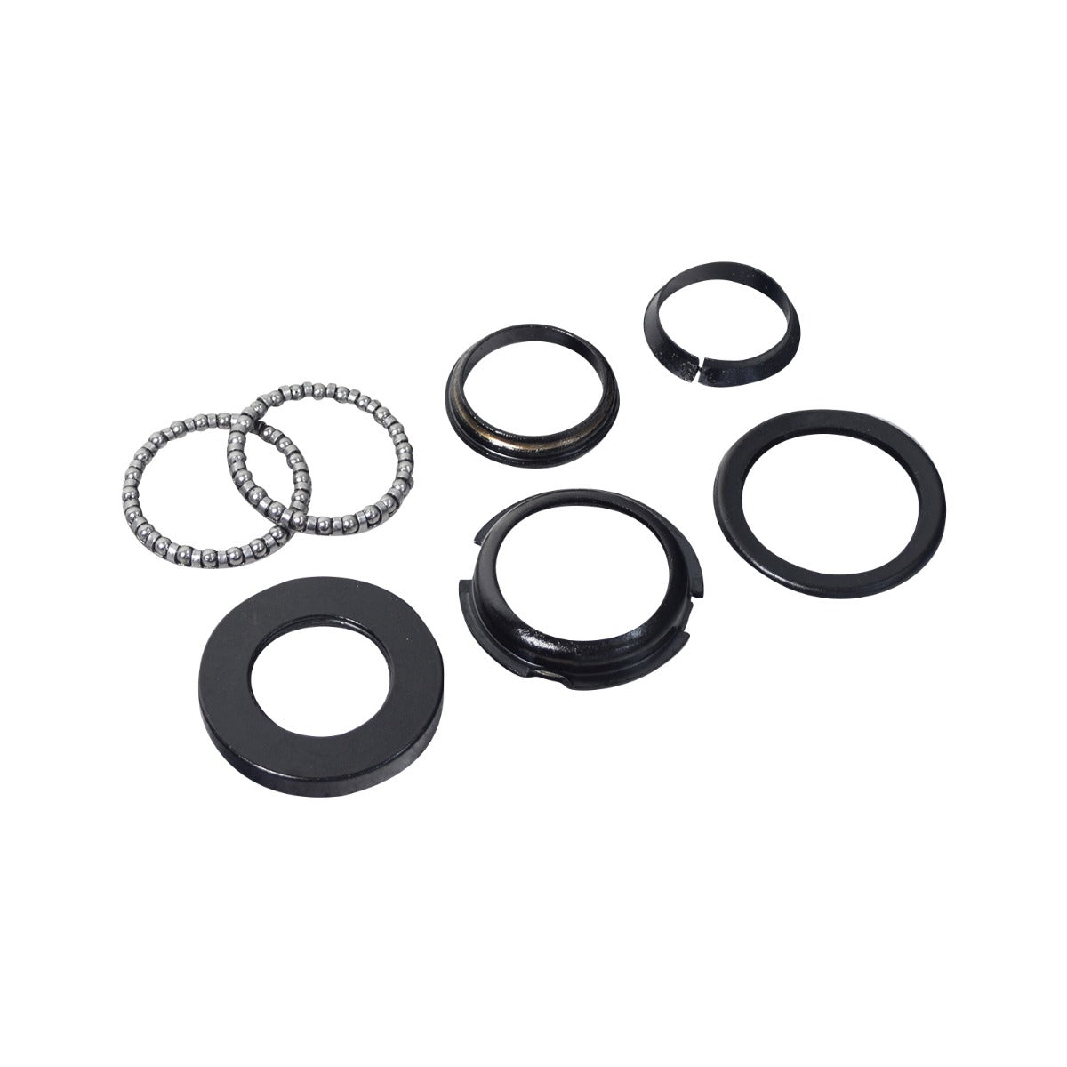 Headset Fork Bearing Kit for the Megawheels S10 Electric Scooter, featuring multiple black round metal bearings essential for smooth handlebar and front fork pivoting within the scooter frame.