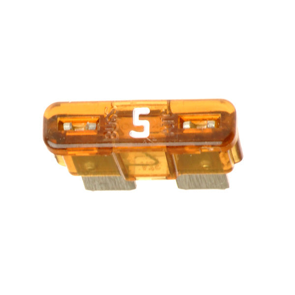 Close-up of a 5 Amp ATO blade fuse with visible numbers on its surface, highlighting the amber-colored part and intricate details.