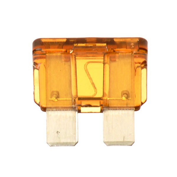 Close-up of a 5 Amp ATO Blade Fuse, featuring a rectangular body with metal prongs and visible internal components.