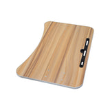 Wood Veneer Tray Table for Wheelchairs with a black handle and pebbled woodgrain laminate surface, featuring folding steel supports and mounting clamps for secure attachment.