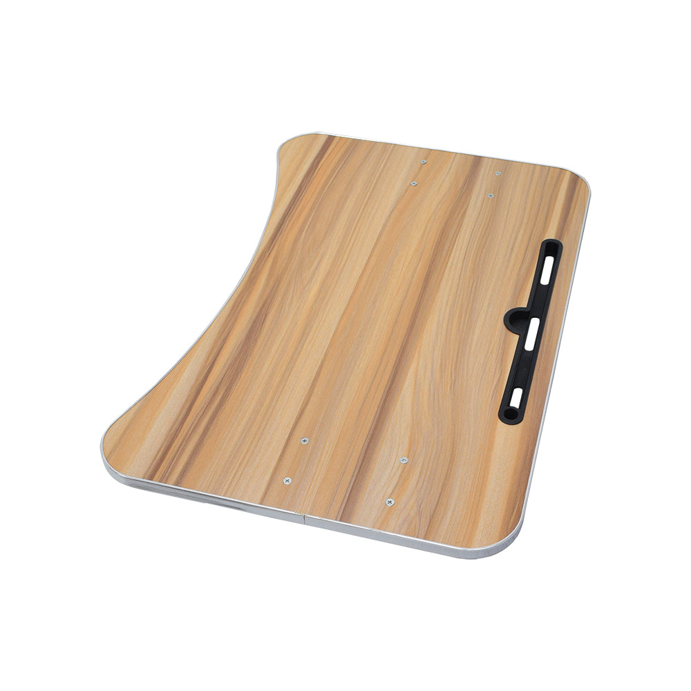 Wood Veneer Tray Table for Wheelchairs (Blemished) featuring a wooden surface with a black handle, supported by folding steel brackets, and equipped with mounting clamps and a pencil slot.