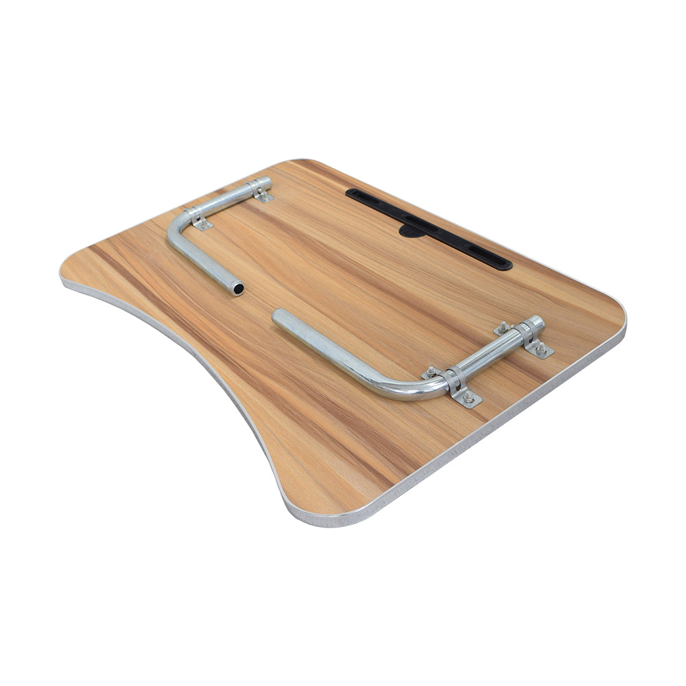 Wood Veneer Tray Table for Wheelchairs with wooden surface and metal pipe supports, featuring adjustment knobs and mounting clamps for attachment.