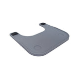 Plastic Tray Table for Wheelchairs: A sturdy grey plastic tray with black handles, featuring a built-in cup holder and black strap for secure attachment to wheelchair armrests.