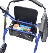 AlveyTech Universal Under-Seat Tote Bag for Rollators shown attached to a walker, filled with various items including a blue tube, brown rice package, and candy container, highlighting its storage capacity.