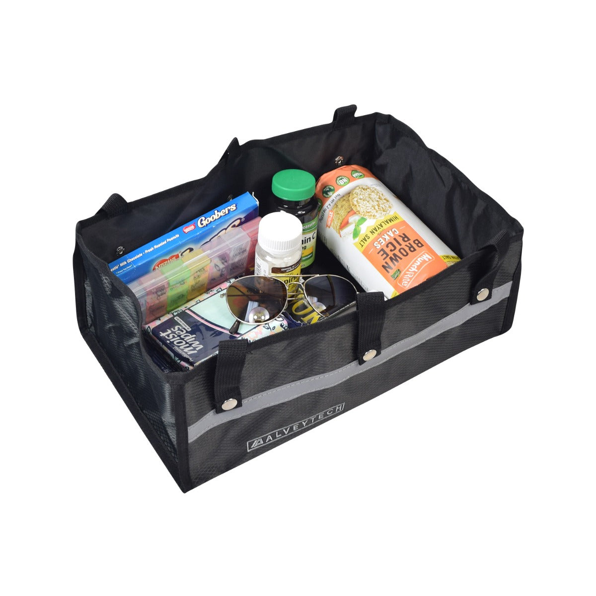 AlveyTech Universal Under-Seat Tote Bag for Rollators, shown holding food items, a bottle, and sunglasses, highlighting its spacious, durable design suitable for various rollator brands.