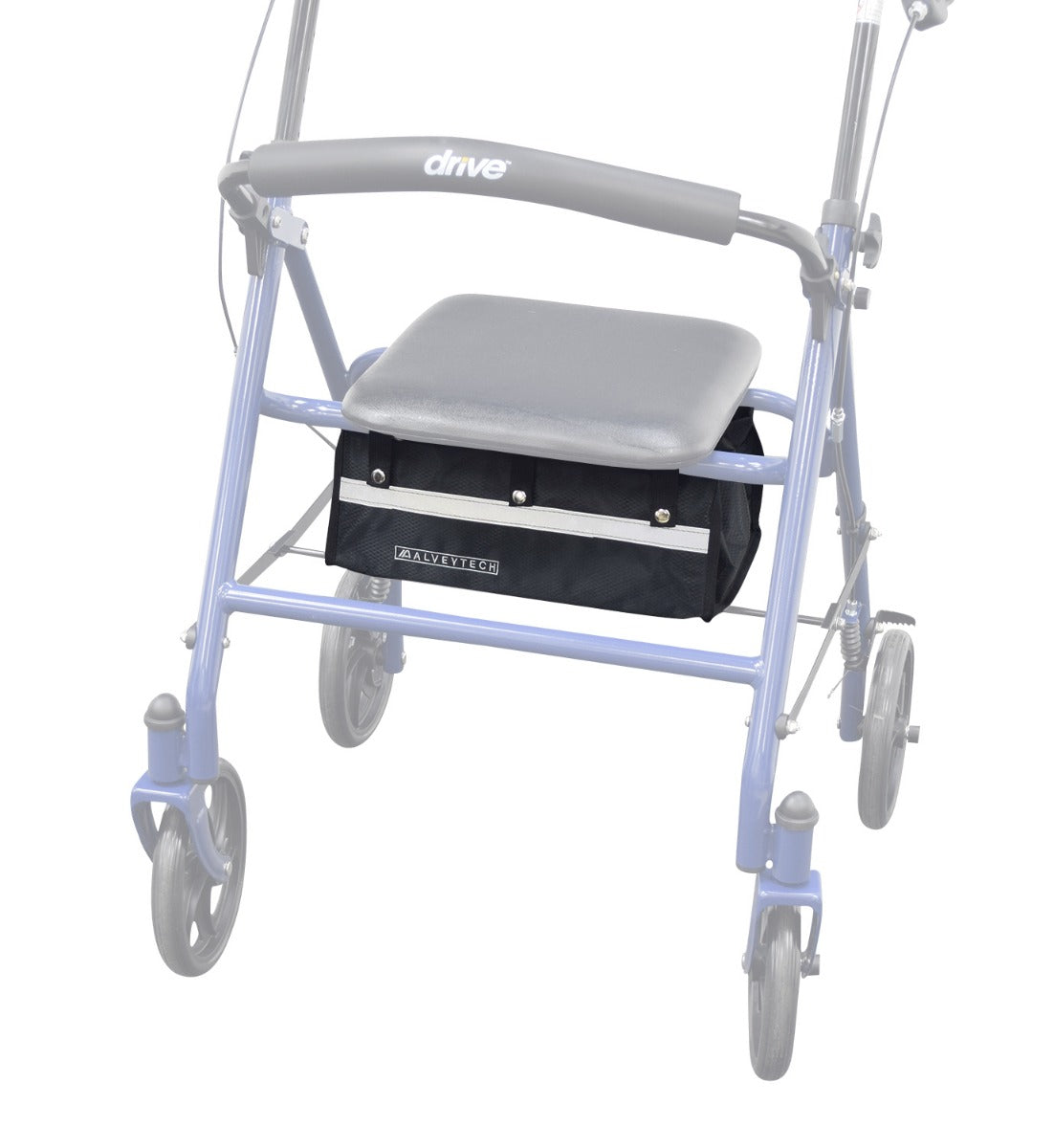 Under-Seat Tote Bag for Drive Medical Rollators 726, 728, & 10261: a durable black fabric tote bag with robust side walls, snap-on straps, and an open-top design under a rollator seat.