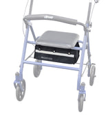 AlveyTech Universal Under-Seat Tote Bag for Rollators, shown attached to a rollator with snap-on straps, featuring durable black fabric and thick side walls, designed to fit various rollator brands.