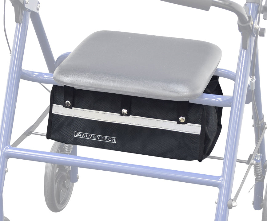 Under-Seat Tote Bag for Drive Medical Rollators 726, 728, & 10261, showcasing a durable black fabric with robust side walls, securely attached to a rollator's blue frame with snap-on straps.