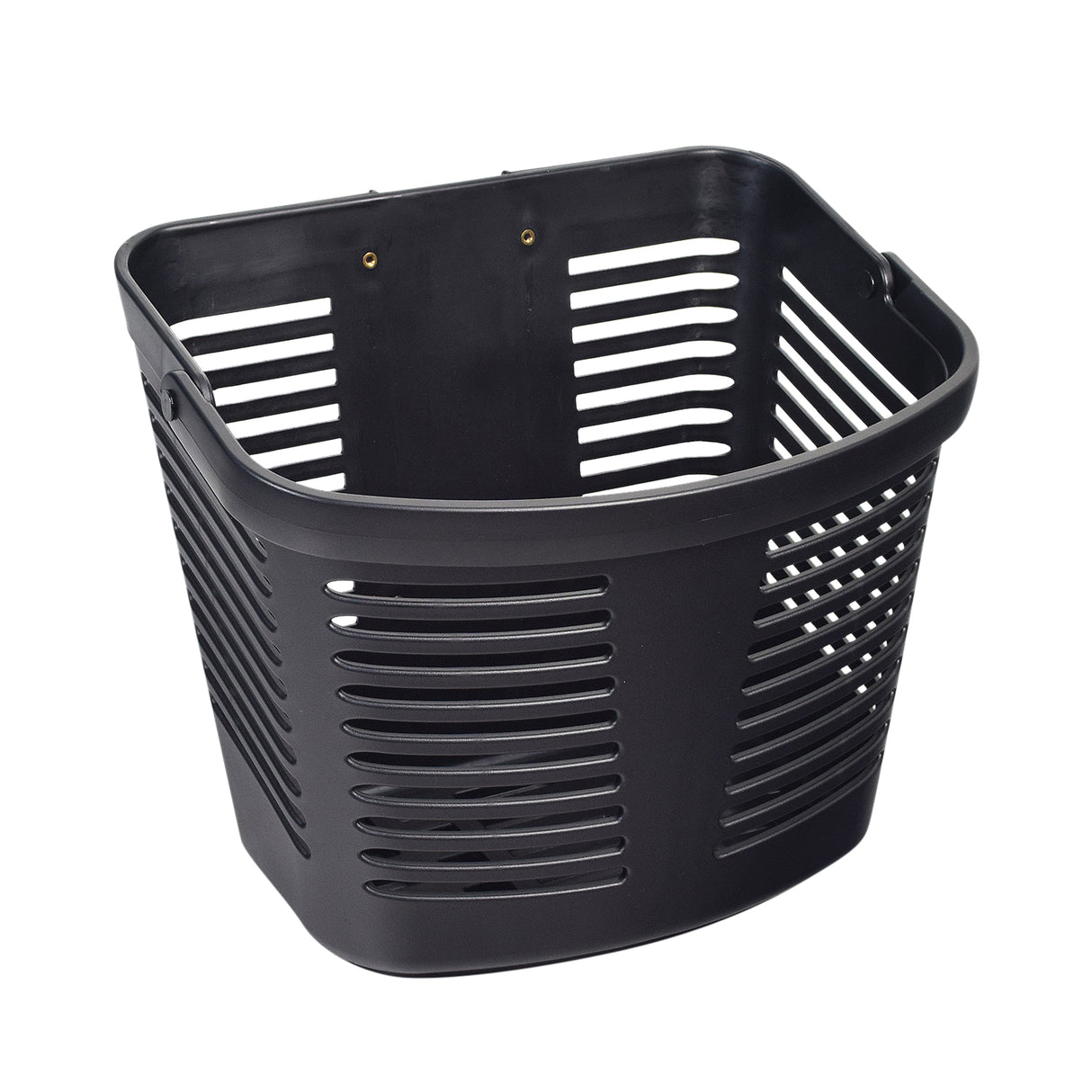 Black Basket with Handle for the Pride Pursuit (SC713), Pride Victory 9 (SC609/SC709), and Pride Victory 10 (SC610/SC710) Mobility Scooters, featuring durable plastic construction with ventilation holes for secure storage.