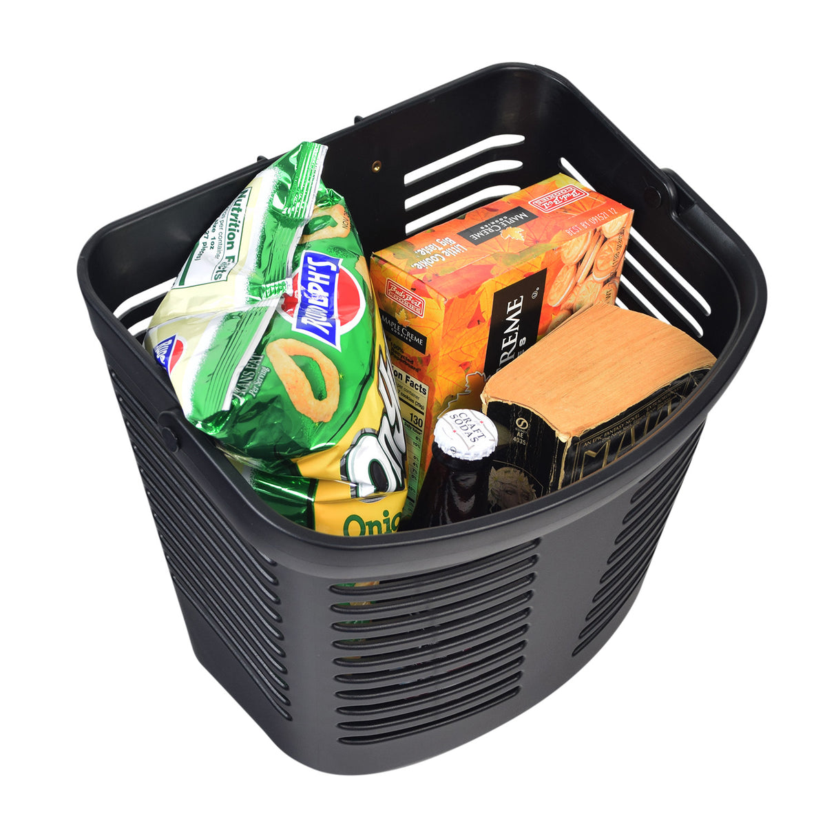 Black plastic basket with handle, designed to mount on the front of tillers for Pride Pursuit (SC713), Victory 9 (SC609/SC709), and Victory 10 (SC610/SC710) mobility scooters.