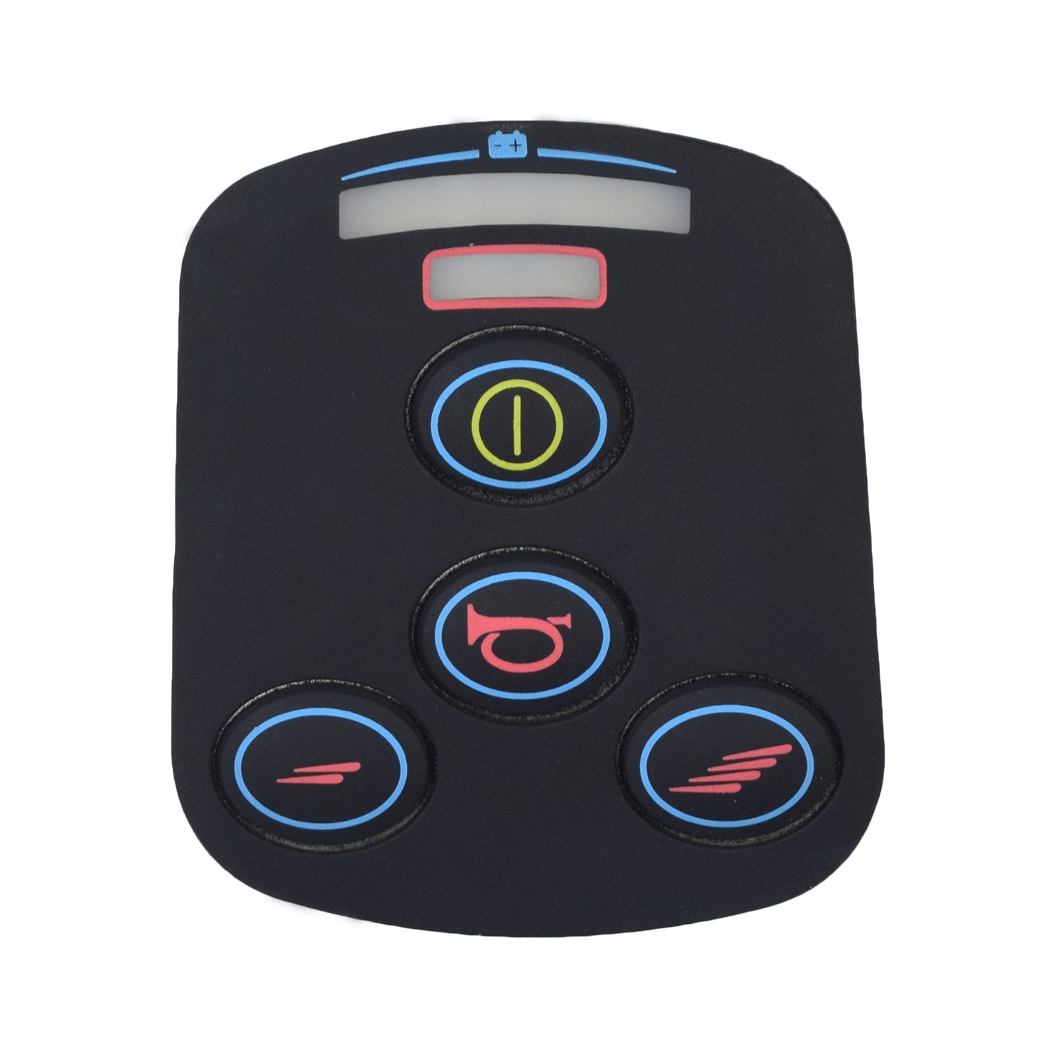 Keypad for 4 Key VSI Joystick Controllers featuring buttons for battery condition, power, speed adjustment, and horn. Primarily used in various power chairs, including models by Pride Mobility and Hoveround.