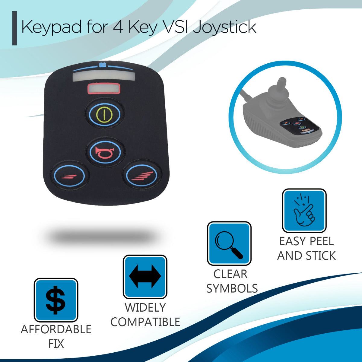 Keypad for 4 Key VSI Joystick Controllers, featuring buttons for battery condition, on/off, speed/profile increase, horn, and speed/profile decrease. Commonly used in various power chair models.