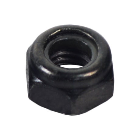 M6-1.0 Black Lock Nut (NUTNYLK1019) for Pride, Jazzy, Jet, and Quantum scooters, featuring a black metal nut with a central hole, essential for various scooter assemblies.