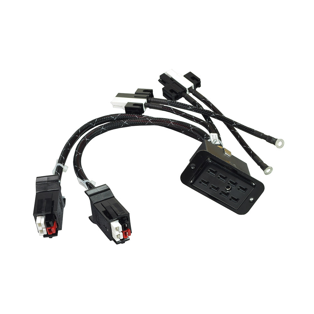 Power Interface Harness for Pilot and VSI Joystick Controllers, showing a close-up of black connectors and cables essential for Pride, Jazzy, Jet, and Go-Go models.