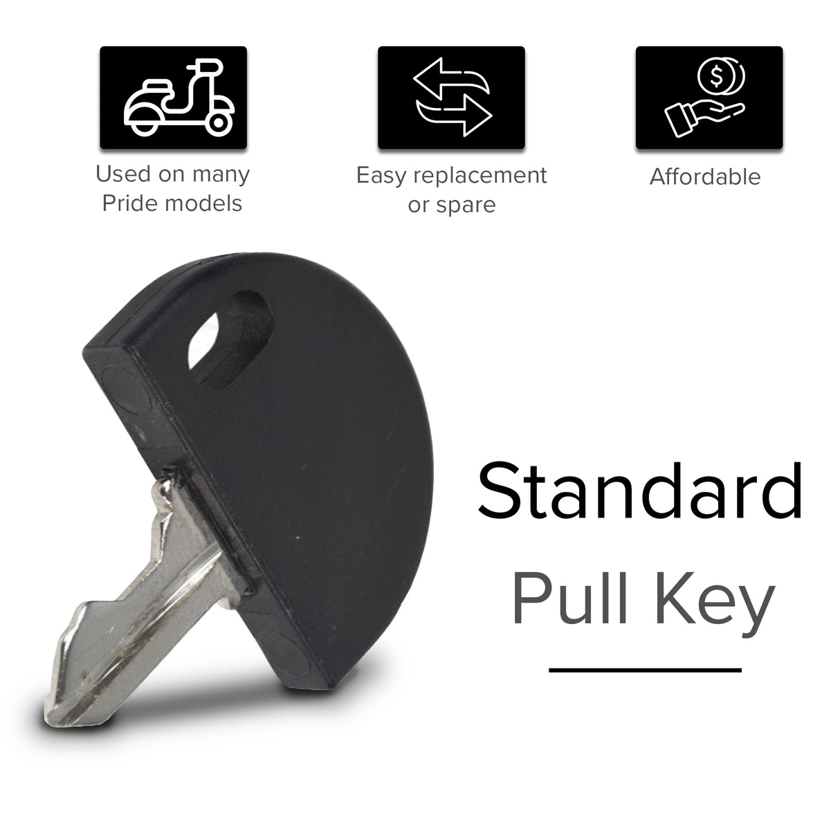 Standard Key for Go-Go and Pride Mobility Scooters with a black plastic half-circle head and a silver metal key.