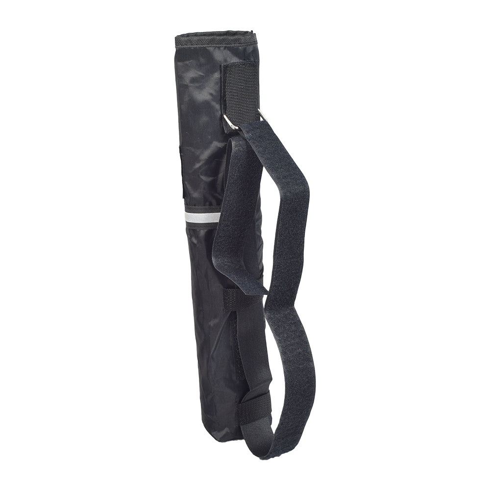 Black Cane Holder for Golden Scooters & Power Chairs with adjustable nylon strap, designed to attach to seat backrest, accommodating canes up to 2-3/4 in diameter.