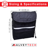 Removable Front Tiller Bag for Mobility Scooters: a black nylon bag with a white stripe, designed for enhancing front storage on mobility scooters, replacing or adding to the existing front basket.