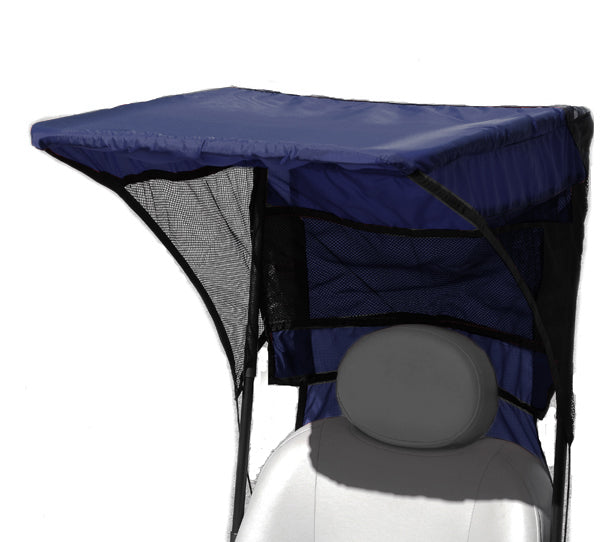 Canopy for Mobility Scooters featuring a blue canopy mounted on a white chair, designed to fit various scooters and power chairs with adjustable brackets, and includes a removable back panel for ventilation.